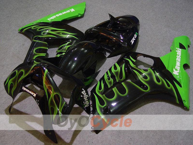 Injection Fairing kit for 03-04 NINJA ZX-6R - Green, Black - Flame #OYO87901803 Main image