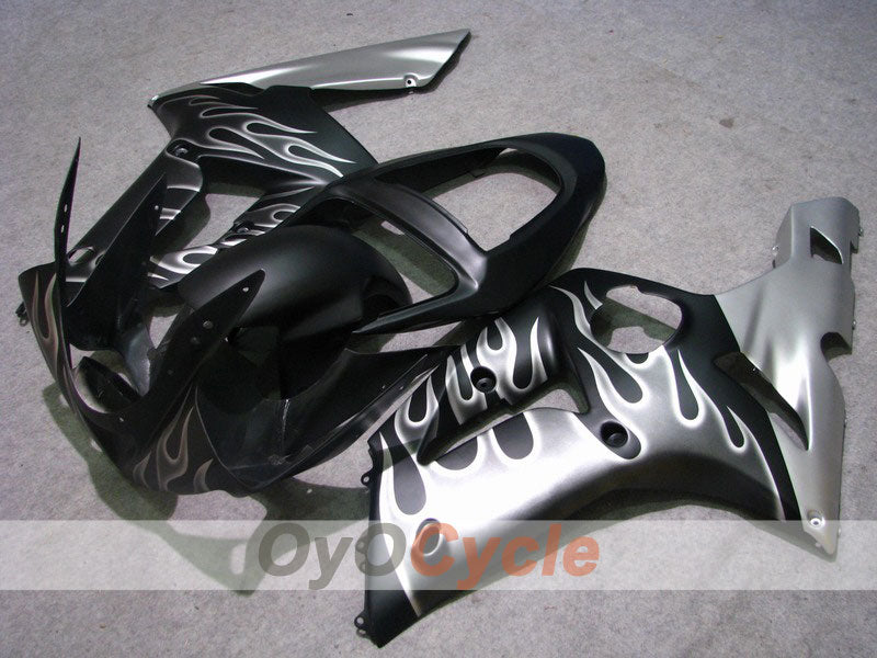 Injection Fairing kit for 03-04 NINJA ZX-6R - Black, Silver - Flame #OYO87901800 Main image